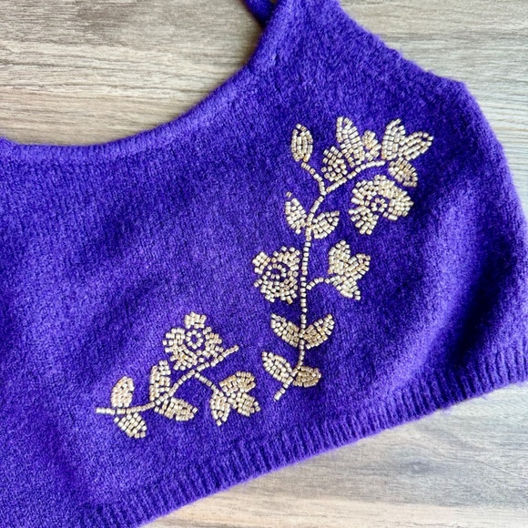 Zara Floral Beaded Purple Wool Blend Knit Crop Tank Top Women’s Size S - Picture 5 of 13
